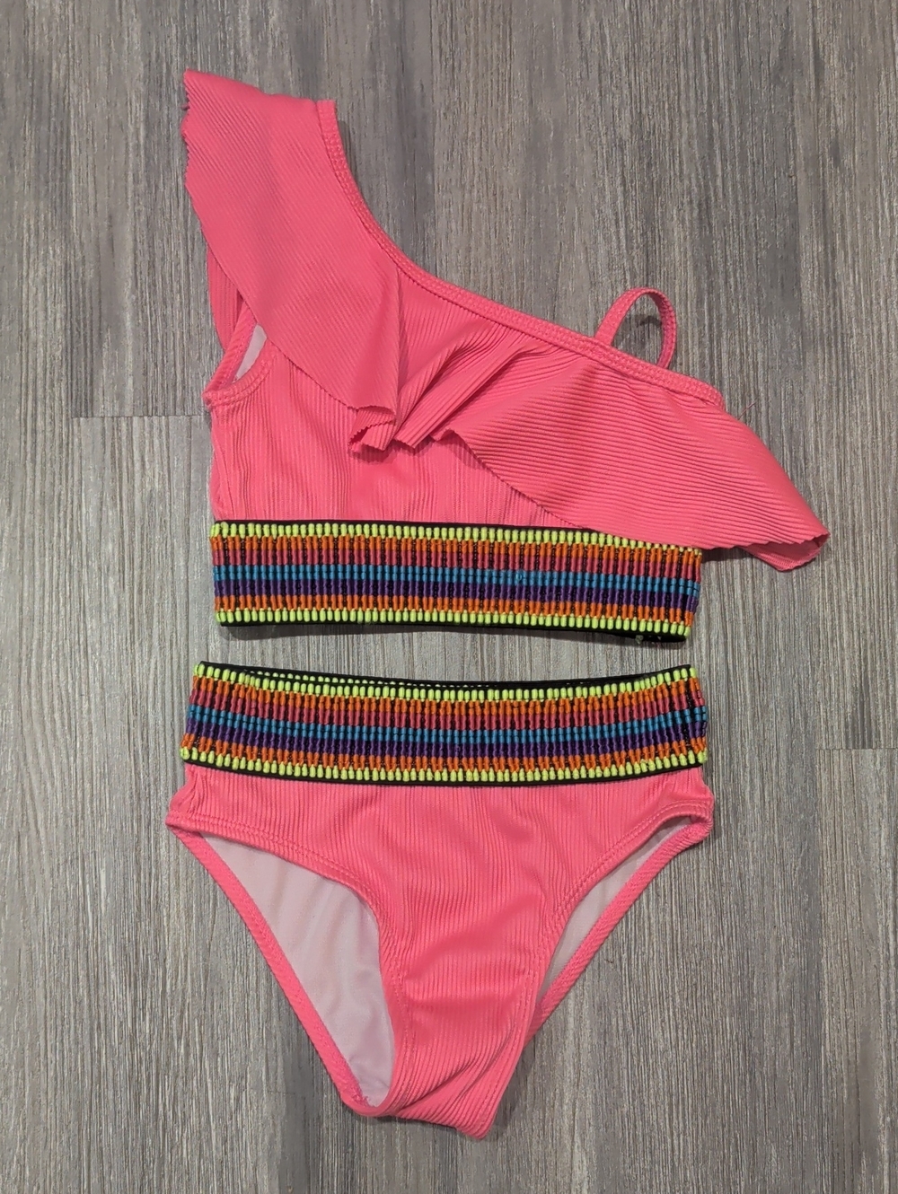 Betsey Johnson Hot Pink One-Shoulder Ruffle Bikini with Multicolor Smocked Bands